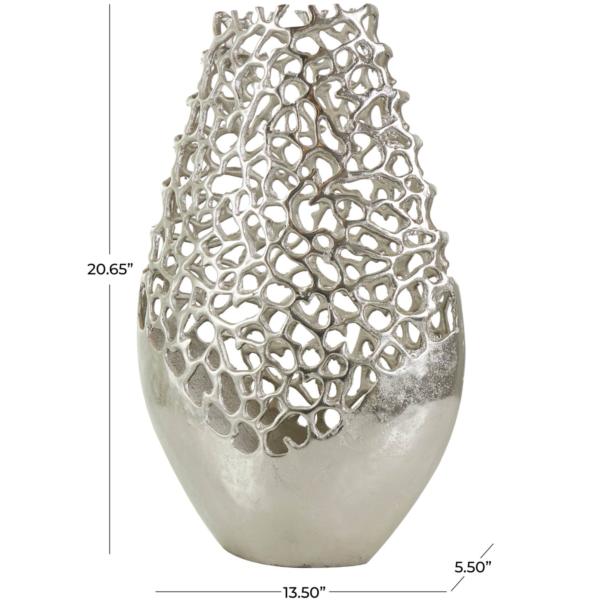 21" Silver Aluminum Metal Rounded Vase with Freeform Open Lattice Work